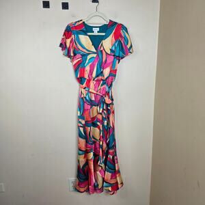 Nicole Miller Short Sleeve Floral Abstract Satin Faux Wrap Maxi Dress Size M
